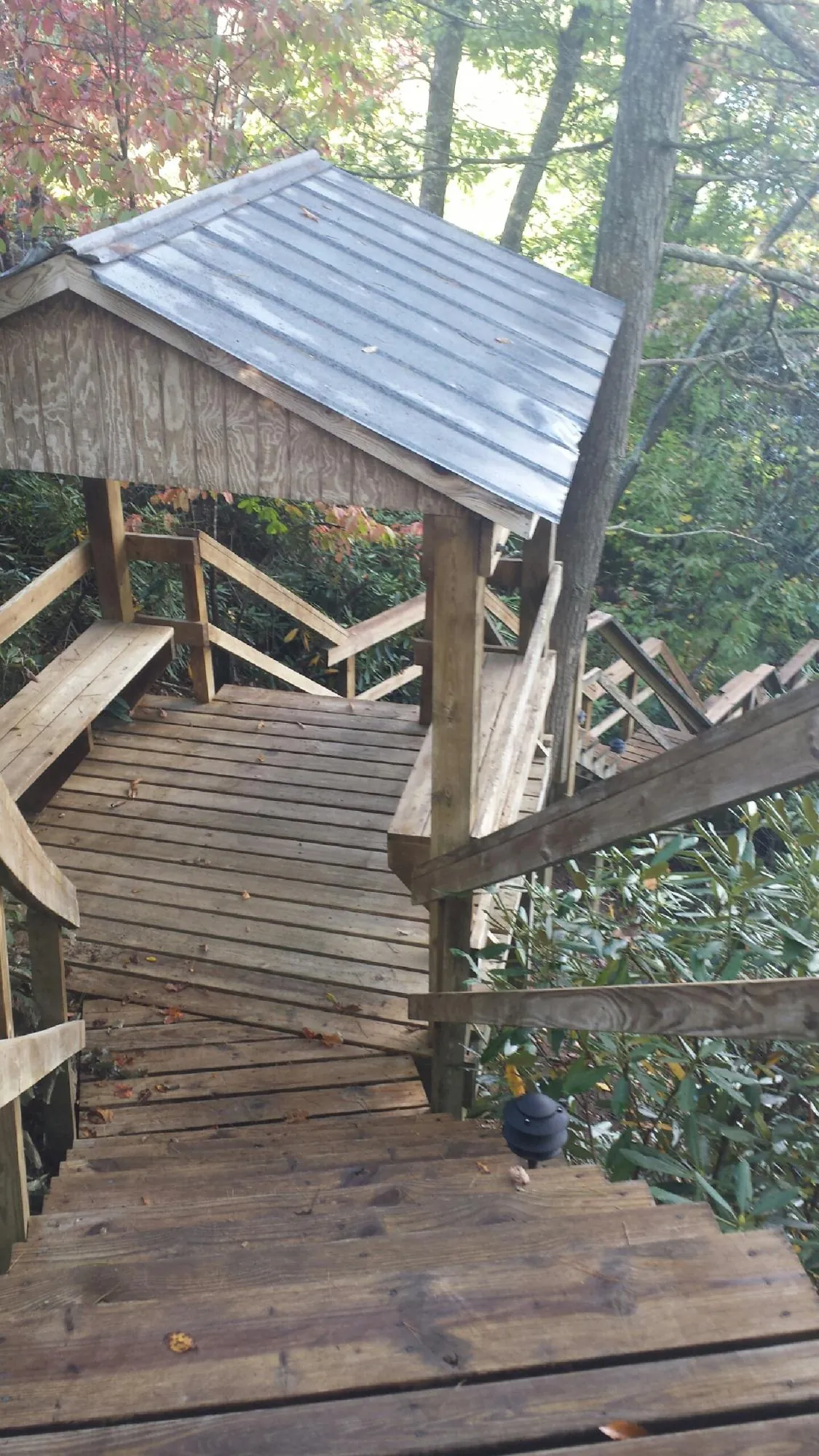 Metal roofed shelter over wooden steps on a wooded walkway — Skylight Repair & Installation work by our crew in Newaygo